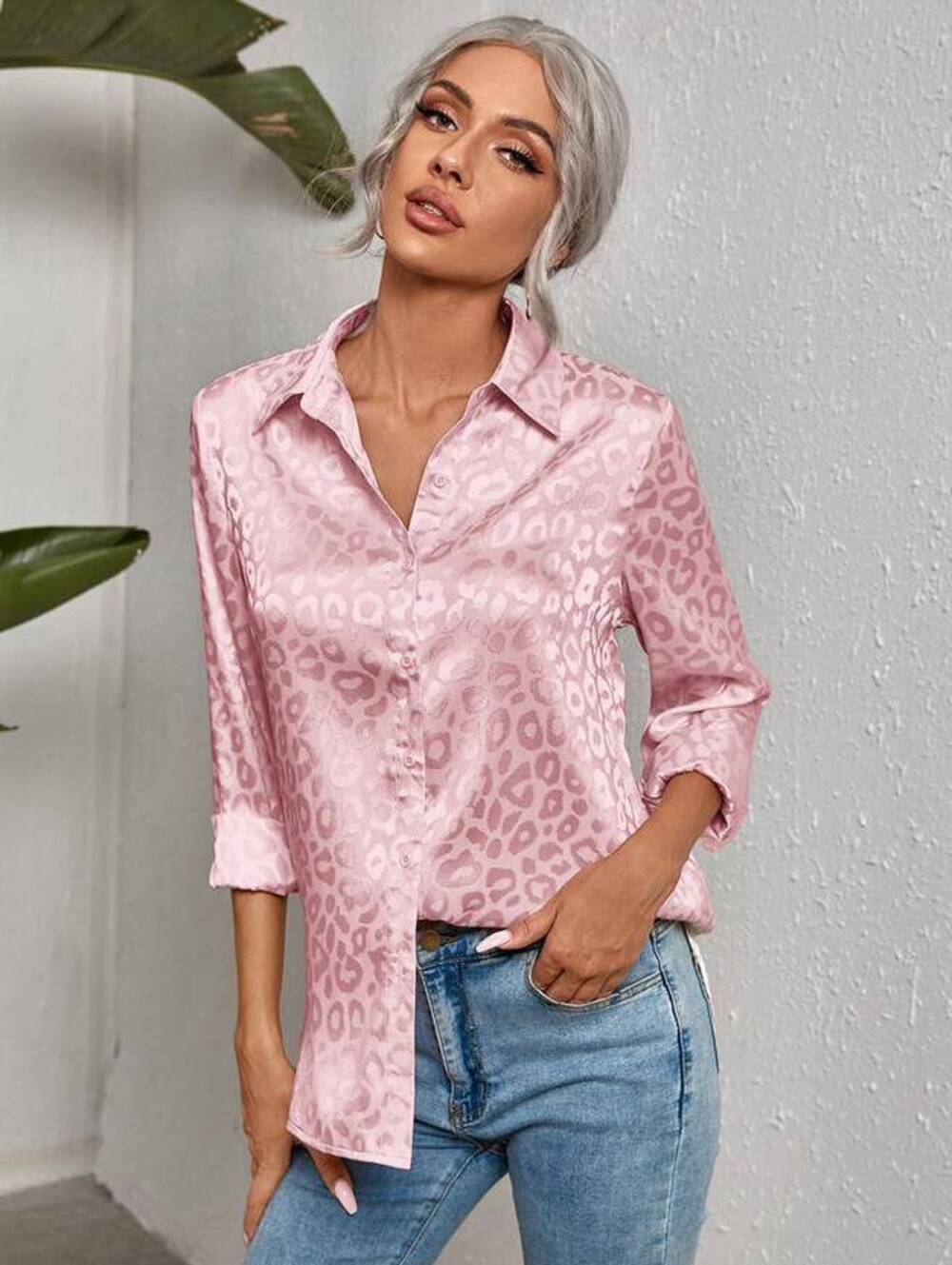 SHEIN Pink Satin Leopard Jacquard Button Down Blouse XS
